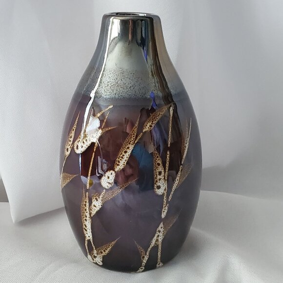 VTG Ceramic 5" Vase With Metallic Finish Brown with Wheat Design Bud Vase - Picture 1 of 12